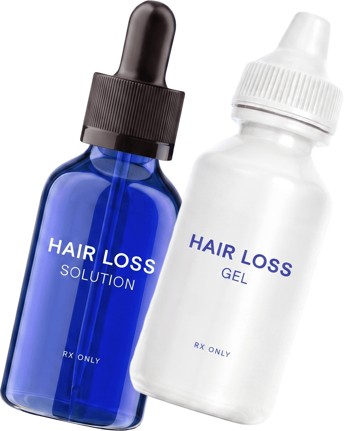 Strut Hair Loss Gel and Hair Loss Solution dropper bottles