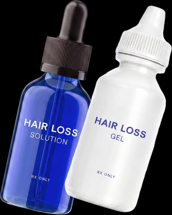 Strut Hair Loss Gel and Hair Loss Solution dropper bottles