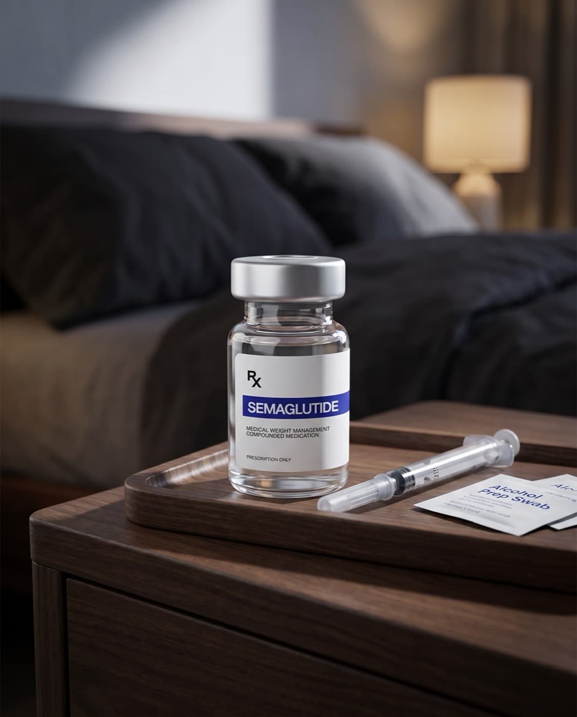 Compounded Semaglutide injectable vial with insulin pen on a wooden nightstand