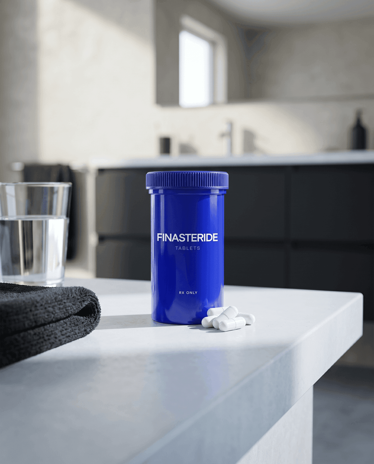 Strut Finasteride tablet bottle still life