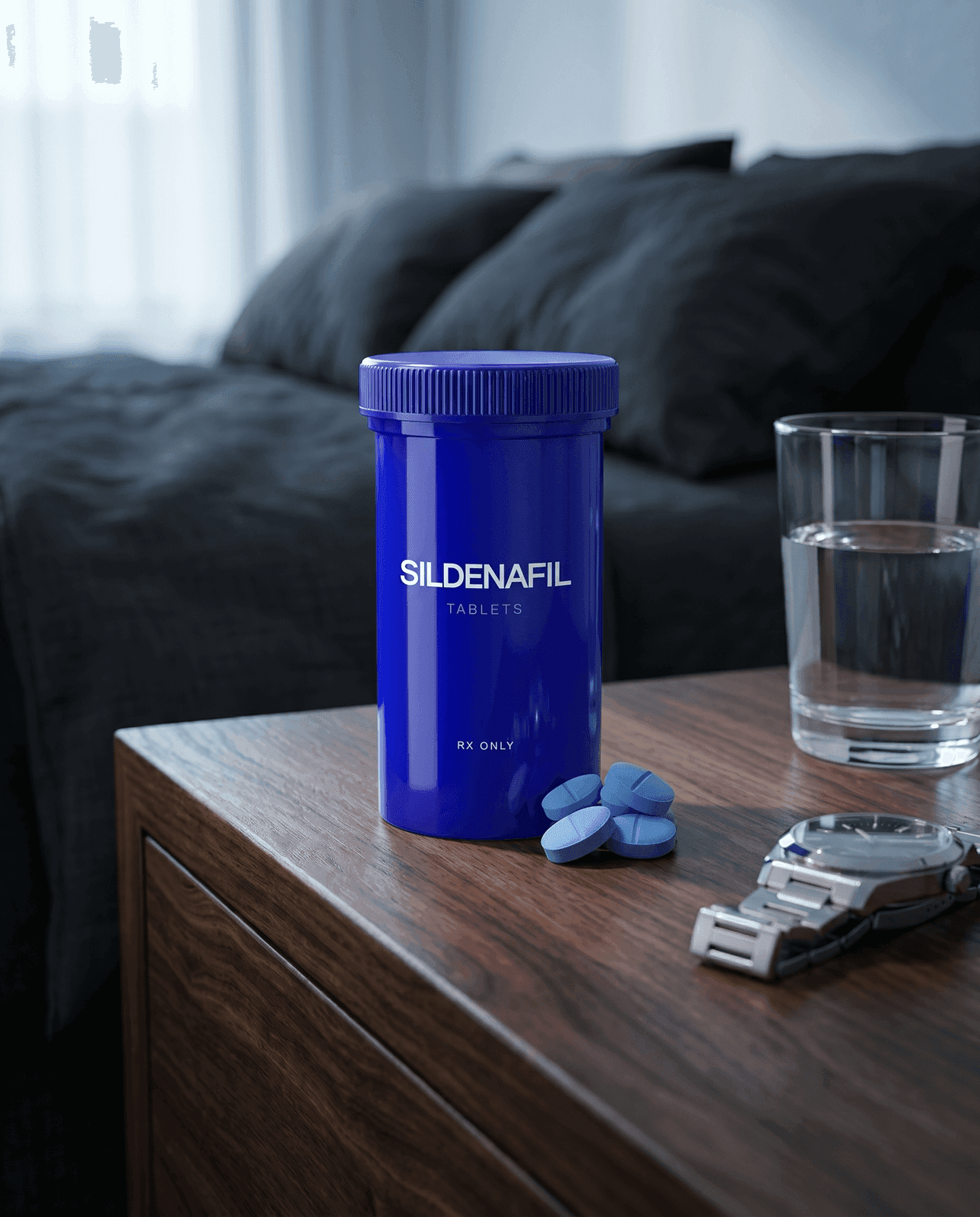 Sildenafil tablets bottle with blue pills on a wooden nightstand