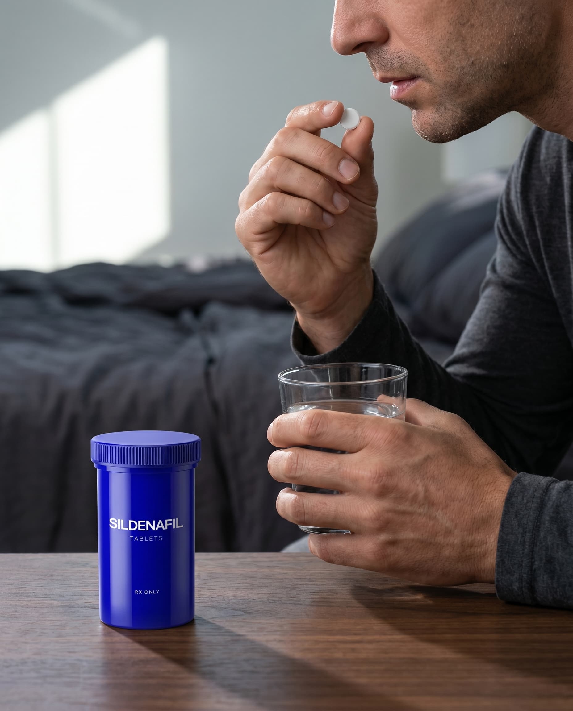 Man taking a Sildenafil tablet with a glass of water