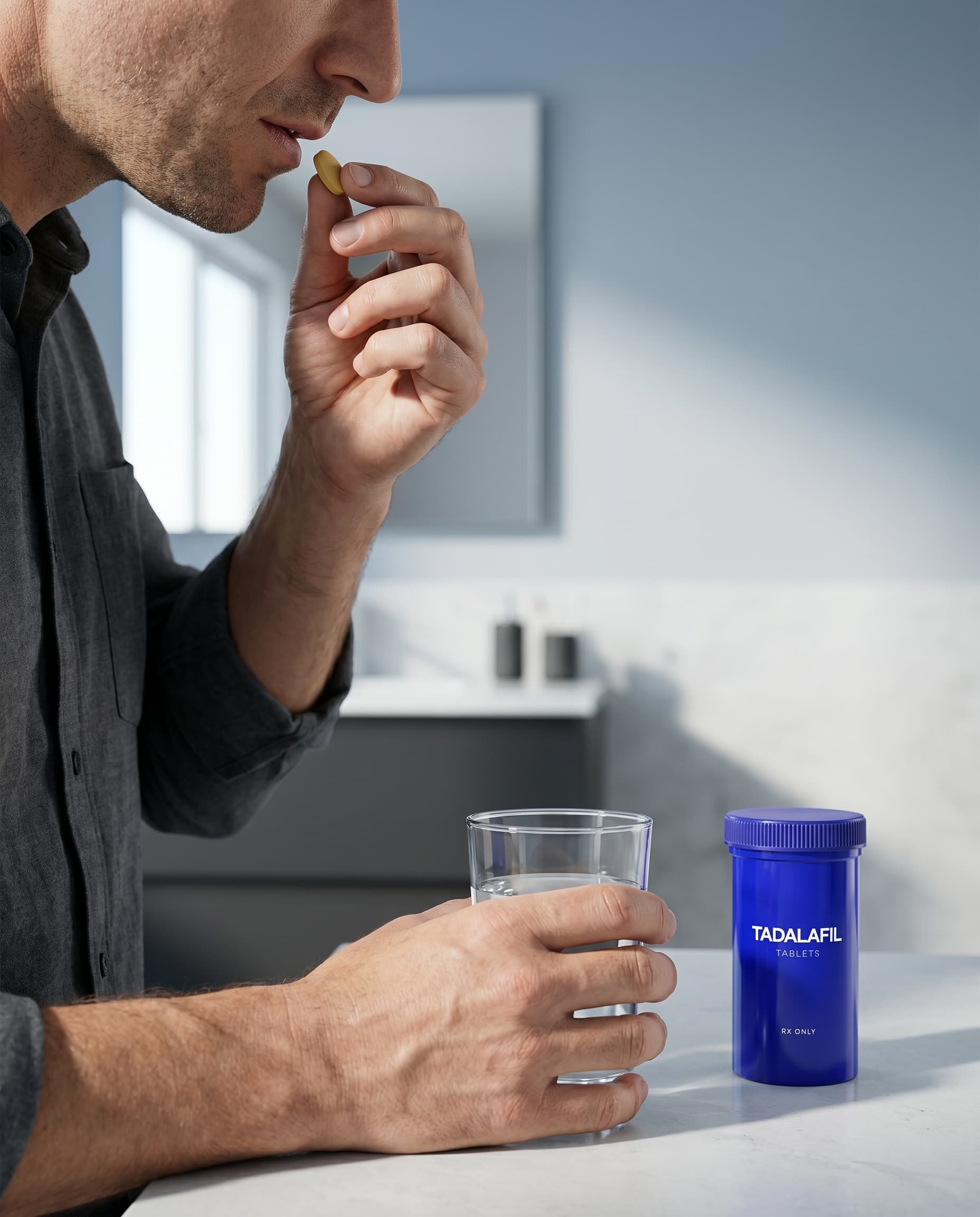 Man taking a Tadalafil tablet with a glass of water in a bathroom