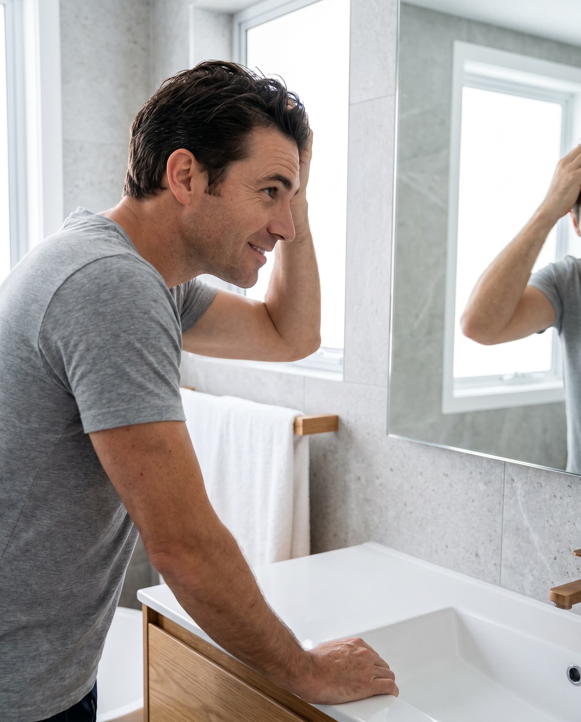 Man checking his hair in a bathroom mirror