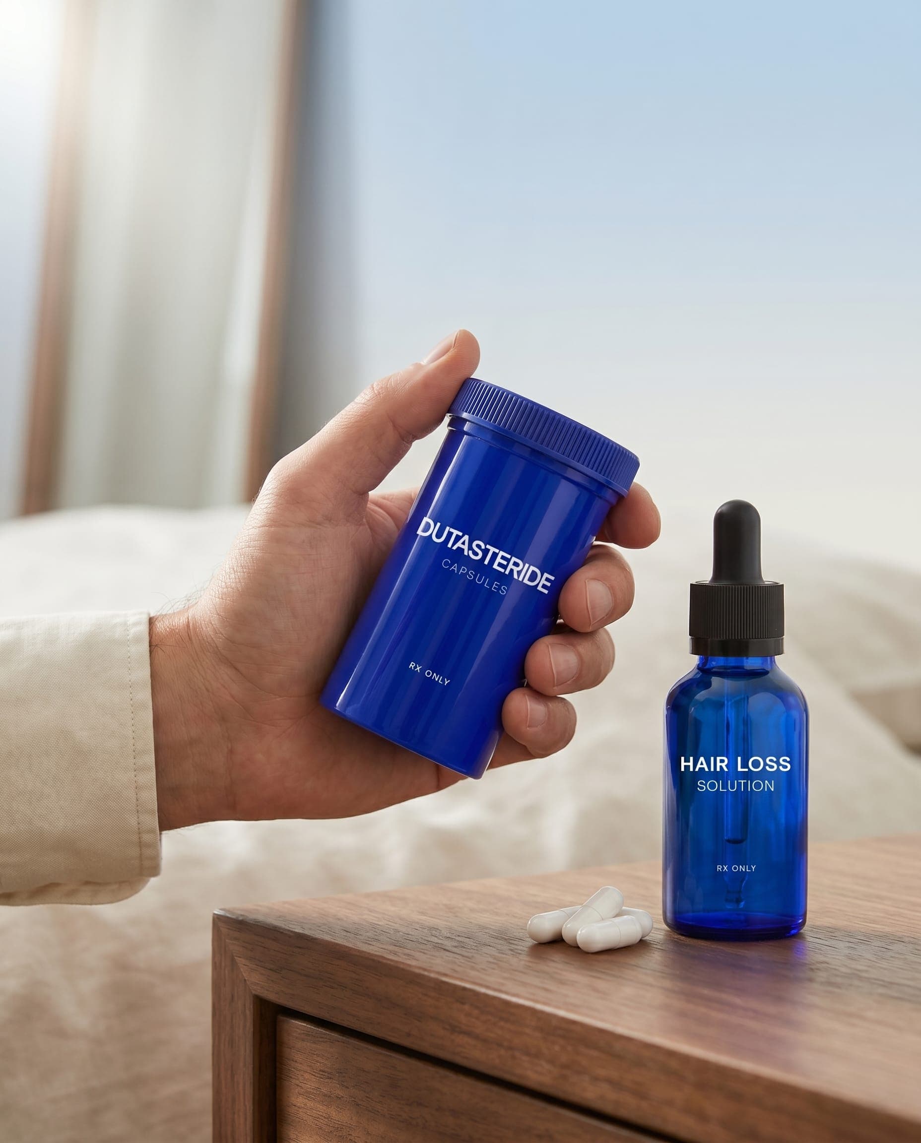 Hand picking up a Dutasteride Capsules bottle next to a Hair Loss Solution dropper bottle