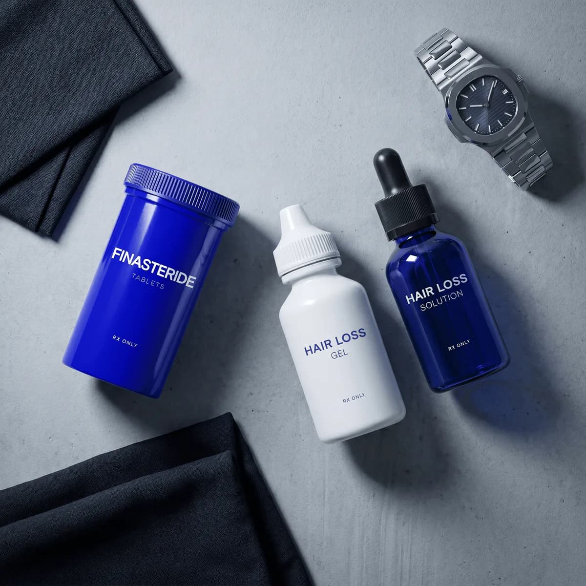 Finasteride topical and oral bottles flat lay