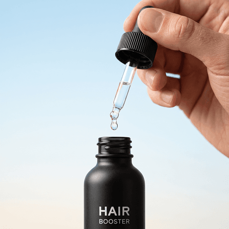 Hand holding a dropper above an open black Strut Hair Booster bottle