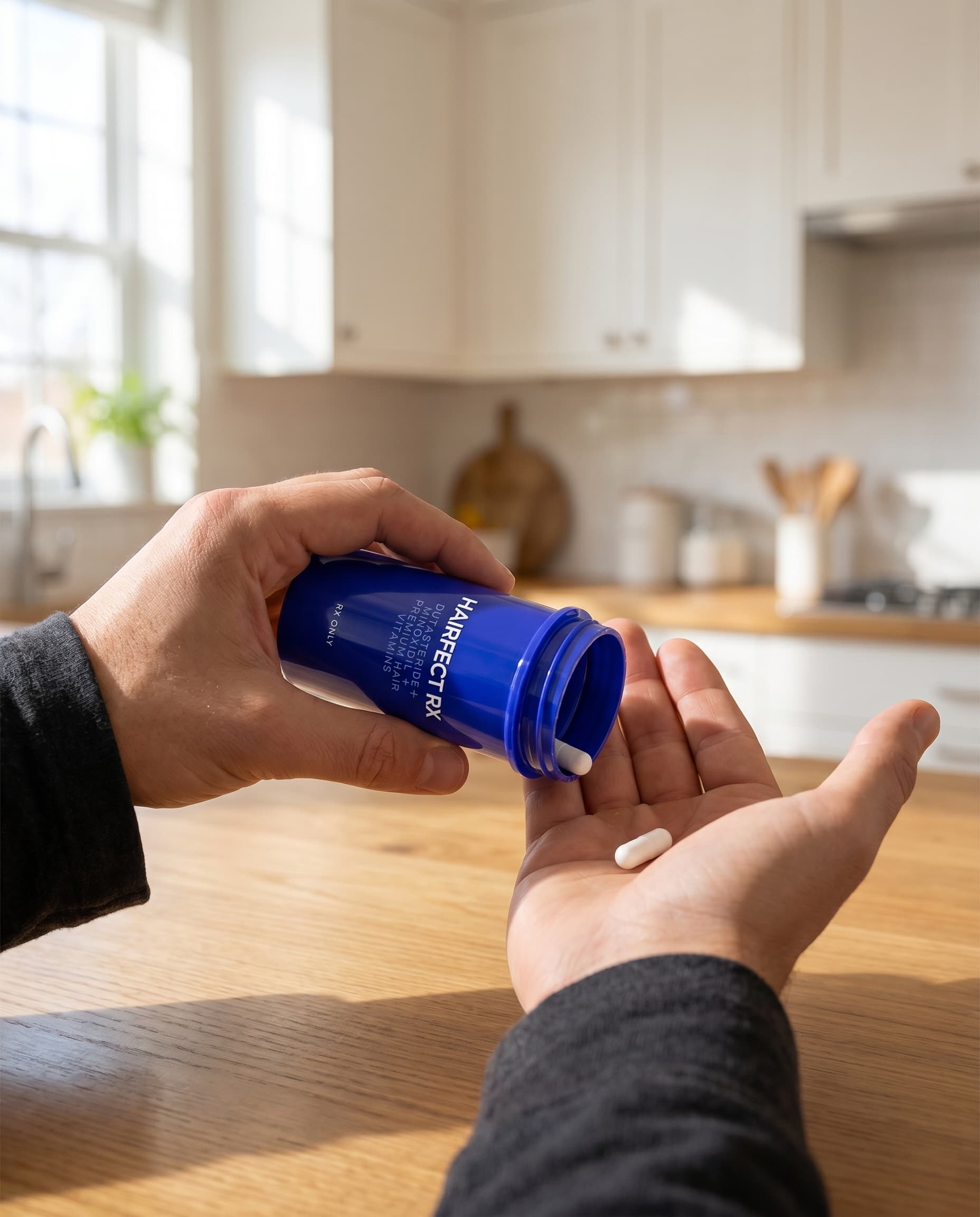 Man pouring a HairfectRx Dutasteride capsule into his palm, kitchen counter