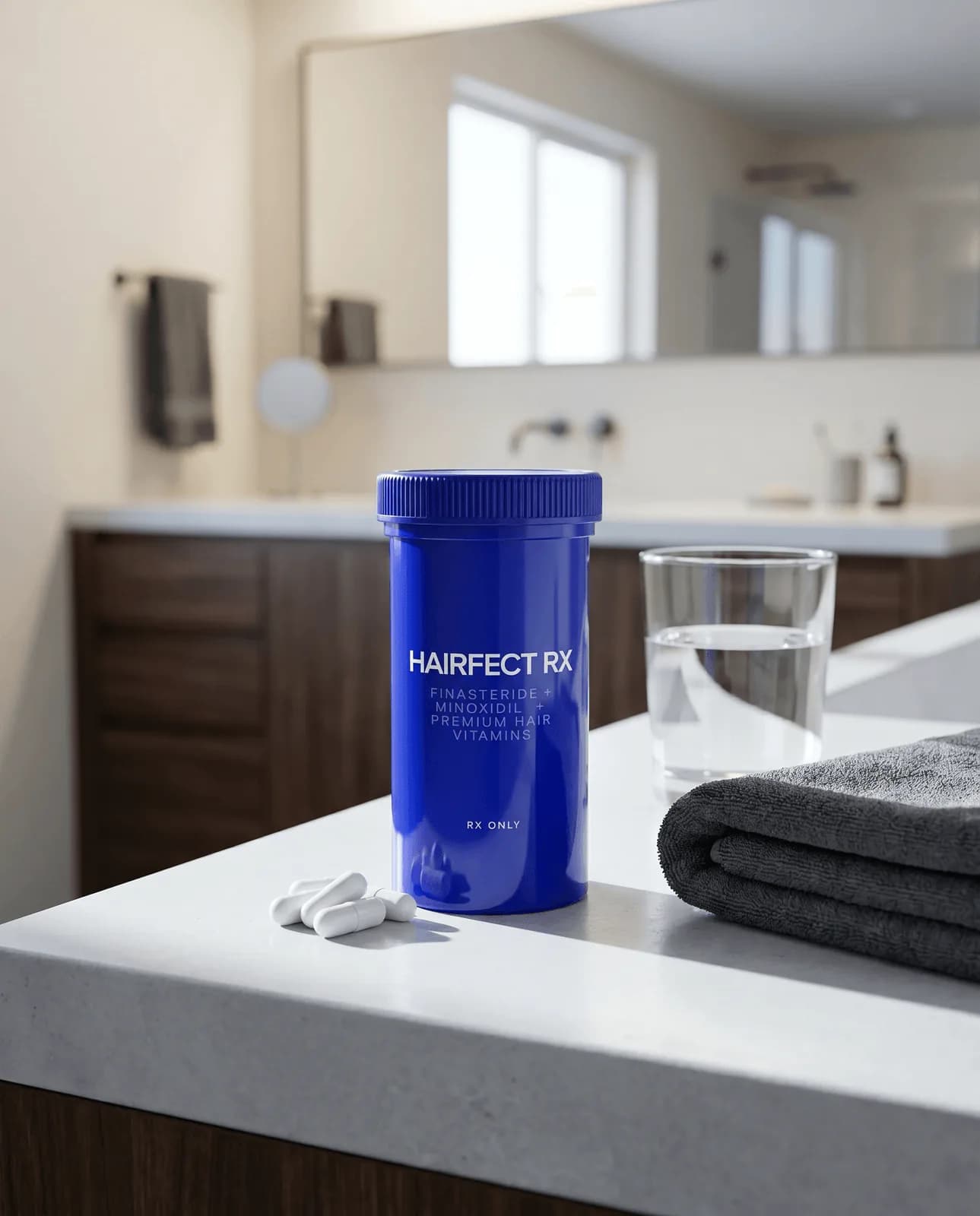 Finasteride and minoxidil hair capsules bottle still life