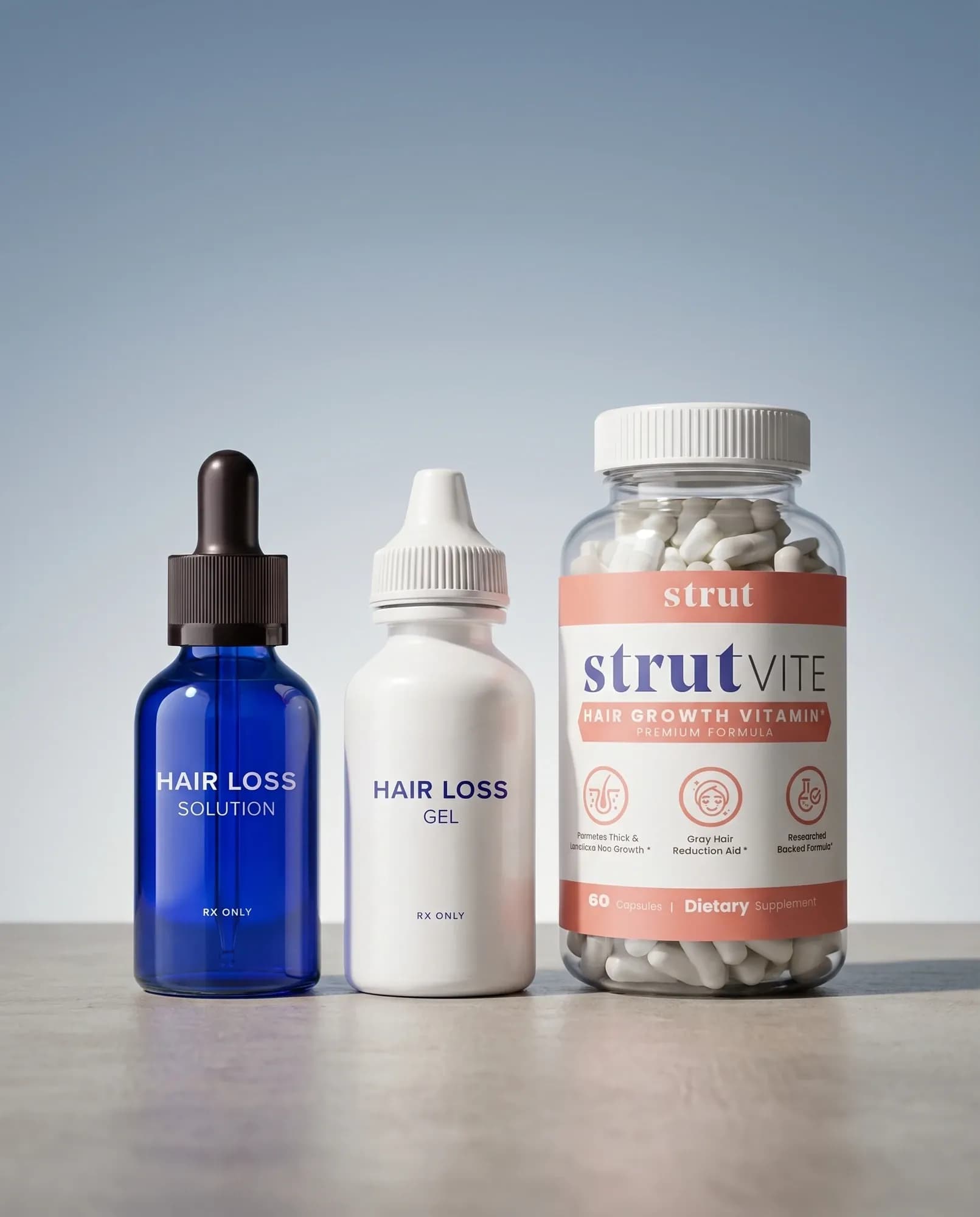 Hair Loss Solution dropper bottle, Hair Loss Gel bottle, and StrutVite bottle