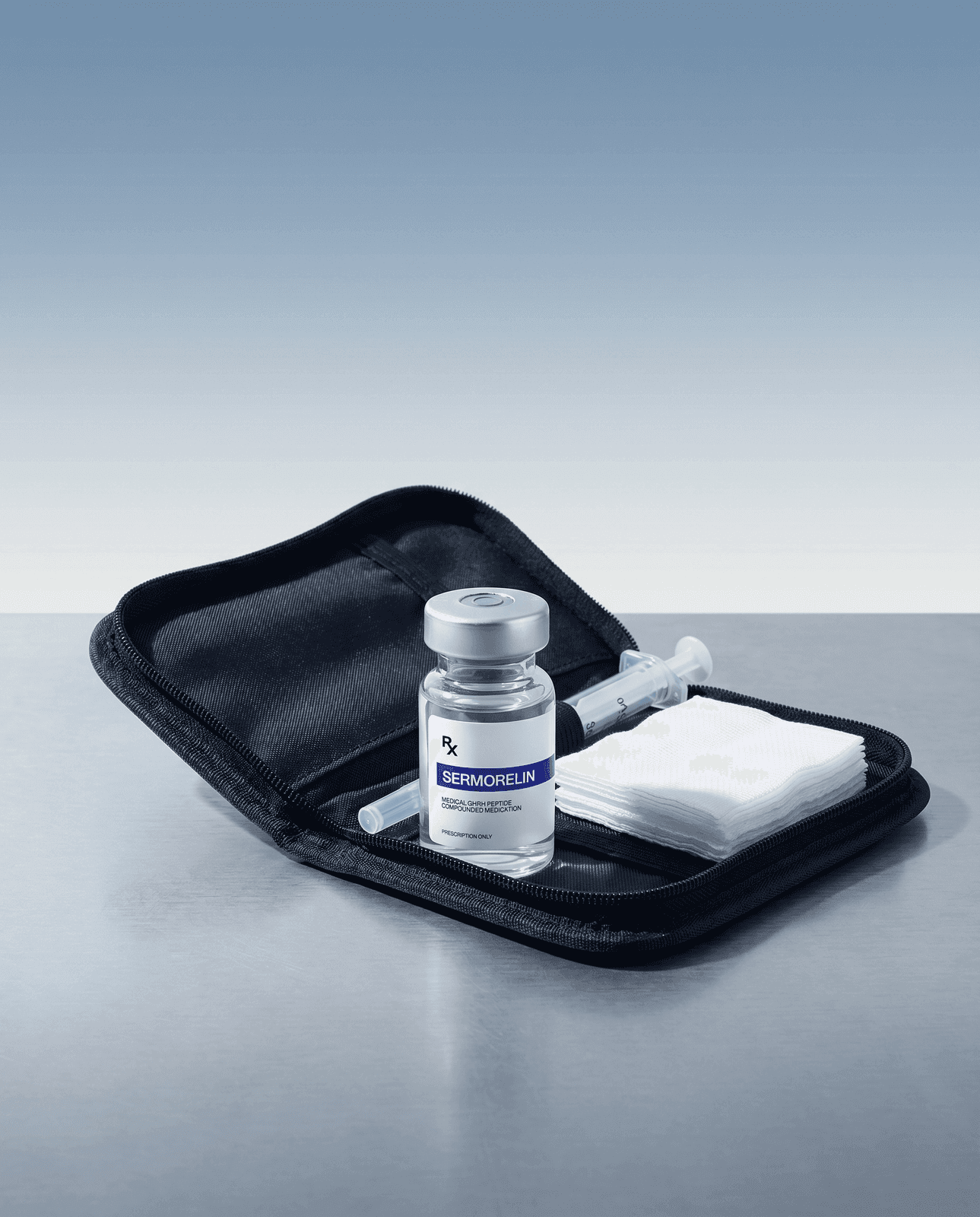 Injectable Sermorelin vial and syringe in a zippered travel case