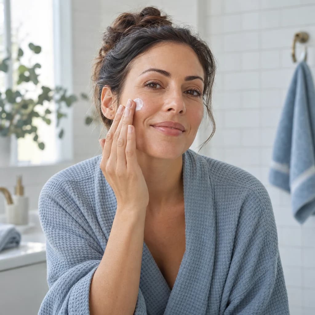 Adult applying a skin cream at a bathroom mirror