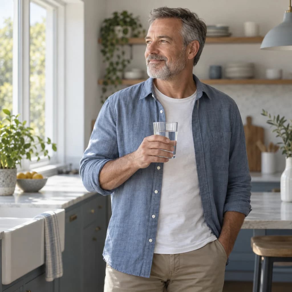 Adult with a glass of water in a bright kitchen
