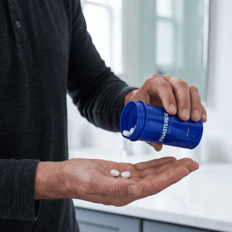 Man pouring Finasteride tablets from a bottle into his hand at a bathroom counter