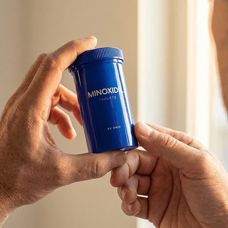 Hands holding a blue bottle of Minoxidil tablets
