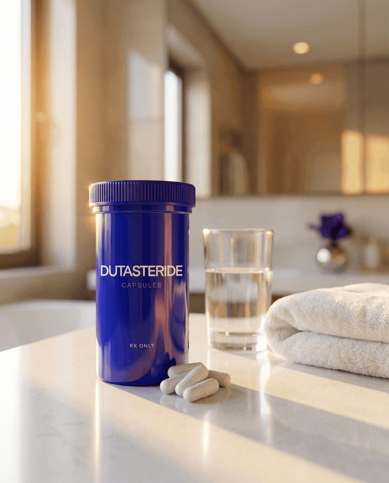 Strut Dutasteride Capsules bottle still life on a bathroom counter
