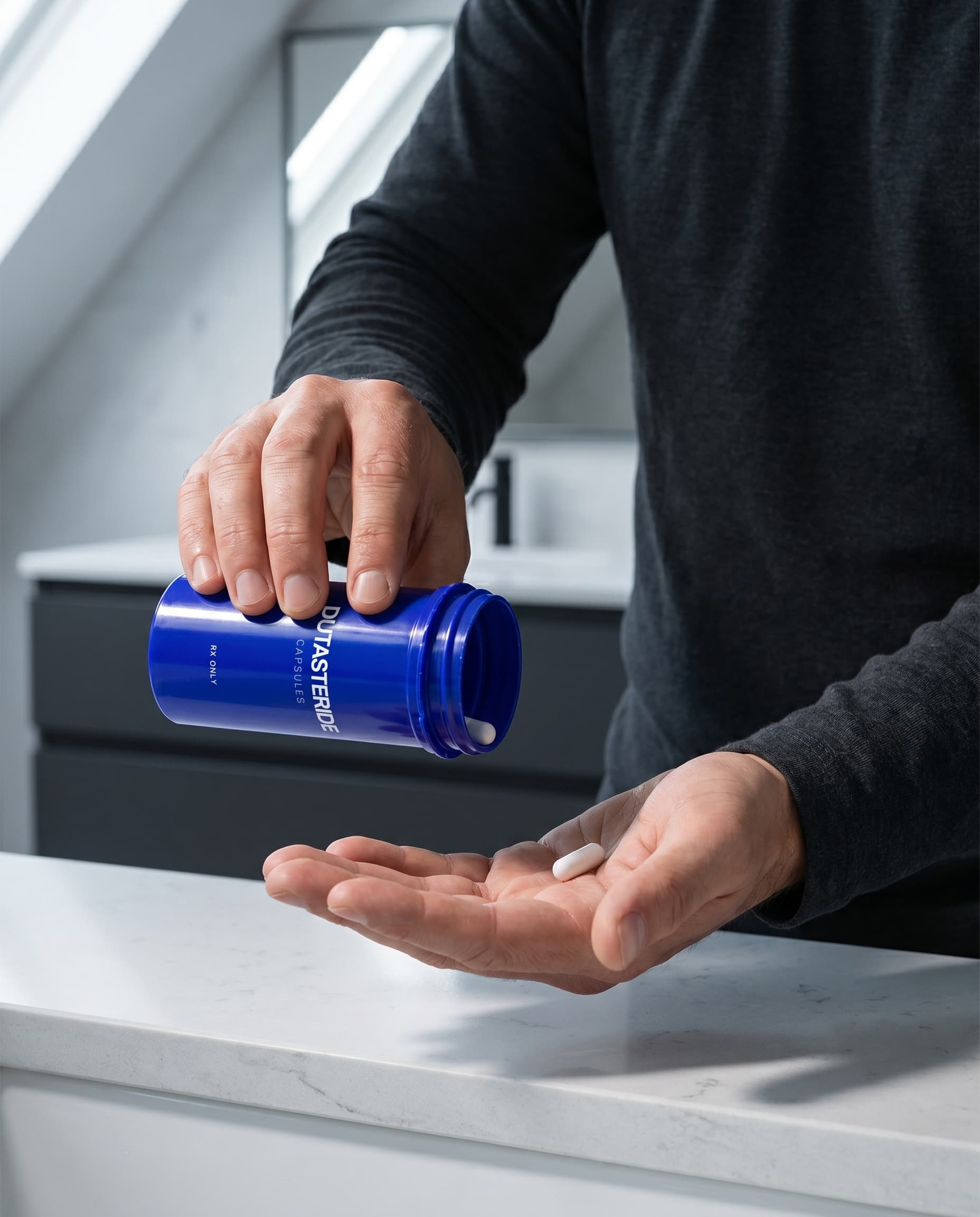 Hand pouring Dutasteride capsules onto an open palm in a bathroom