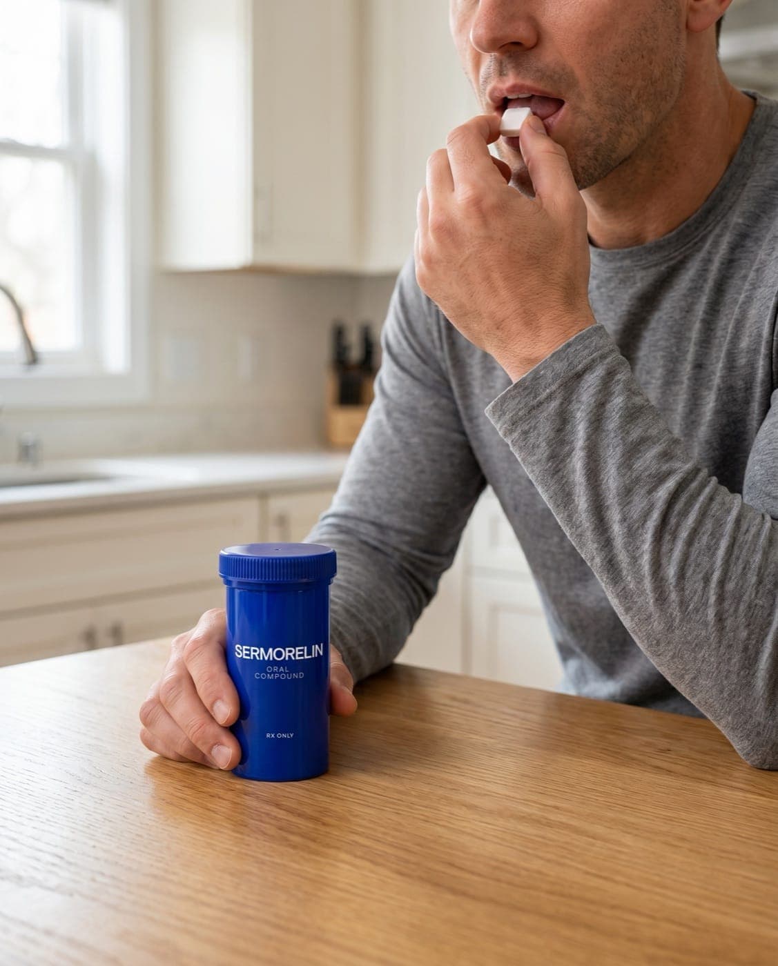 Man taking a Sermorelin sublingual lozenge in his kitchen