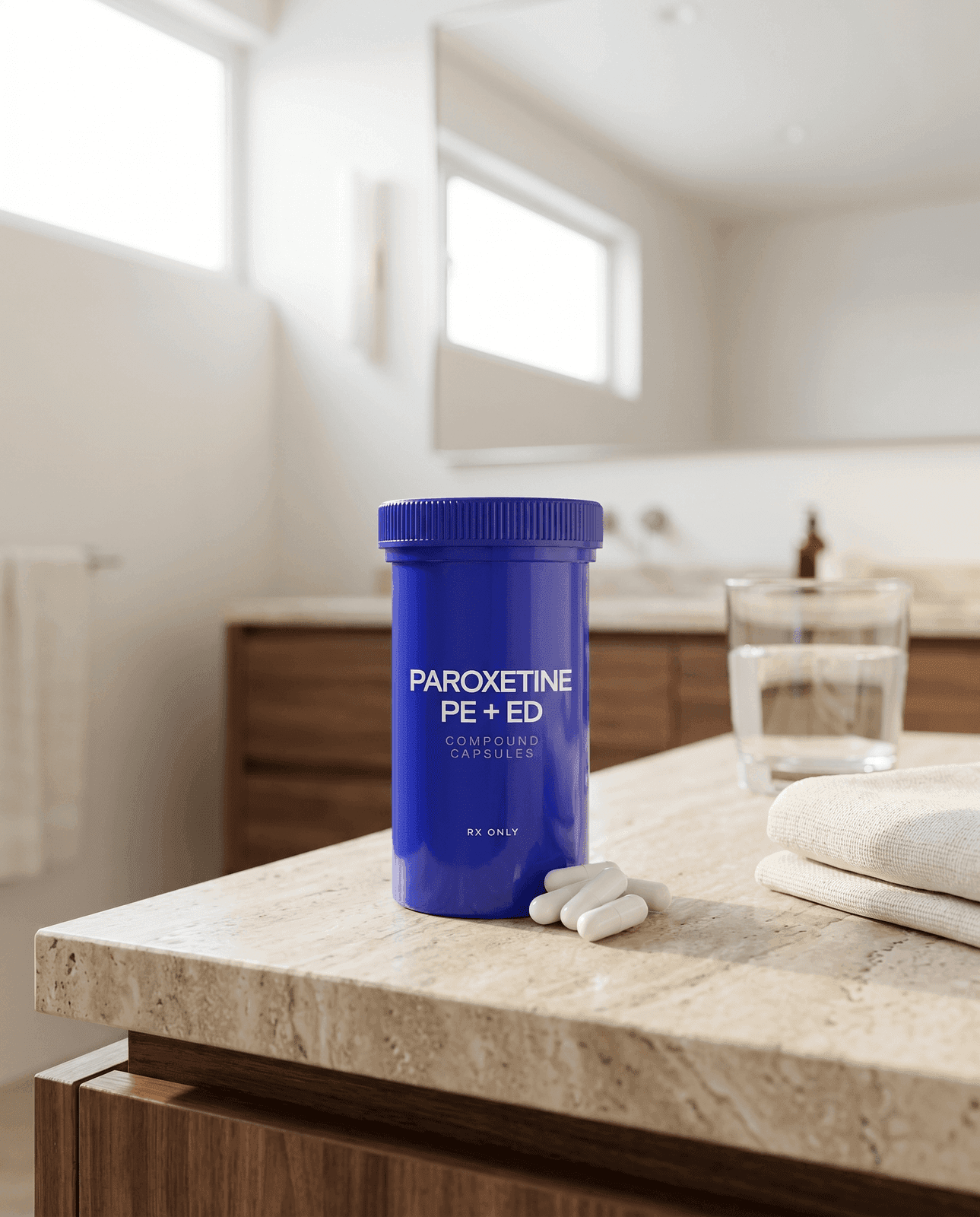 ParoxetineRx PE + ED compound capsules bottle on a bathroom counter
