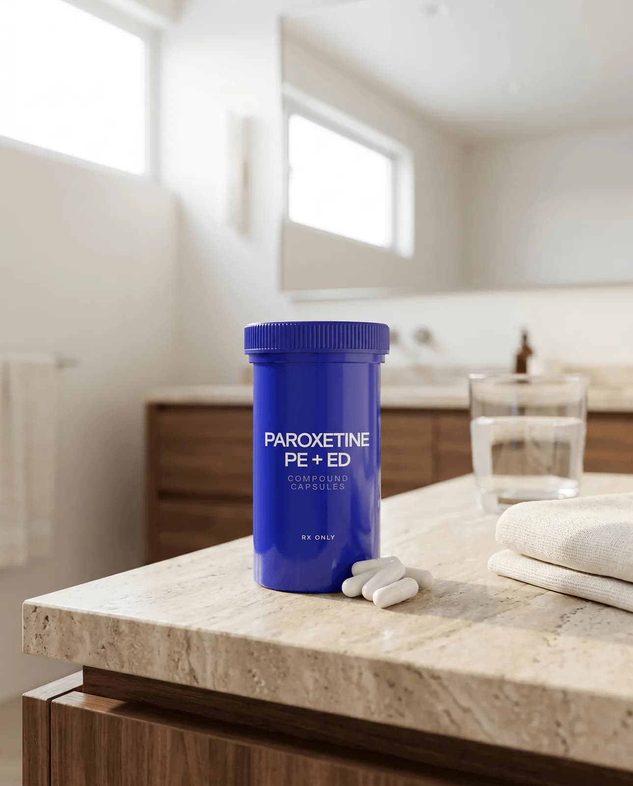 ParoxetineRx PE + ED compound capsules bottle on a bathroom counter