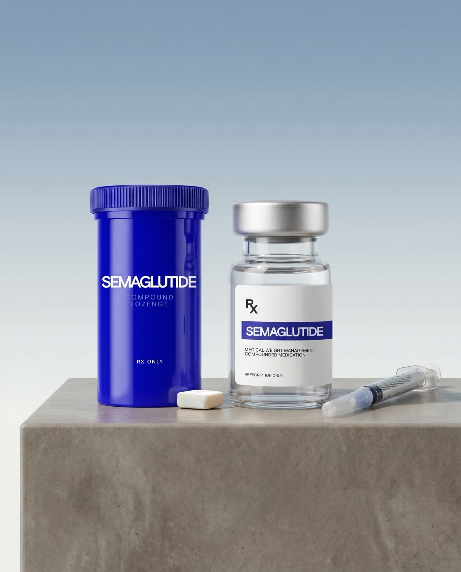 Compounded Semaglutide bottle and vial on a stone counter