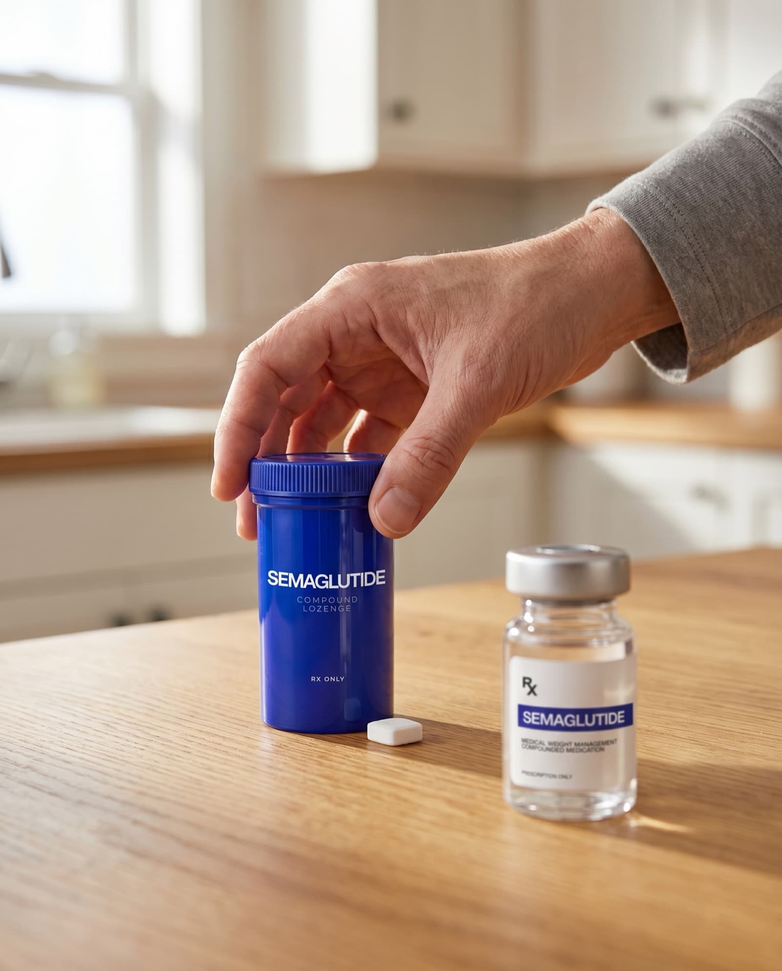Hand reaching for a Semaglutide bottle on a kitchen counter