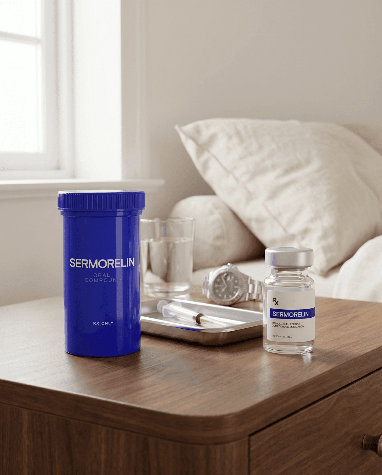 Sermorelin oral compound bottle and injectable vial on a wooden nightstand
