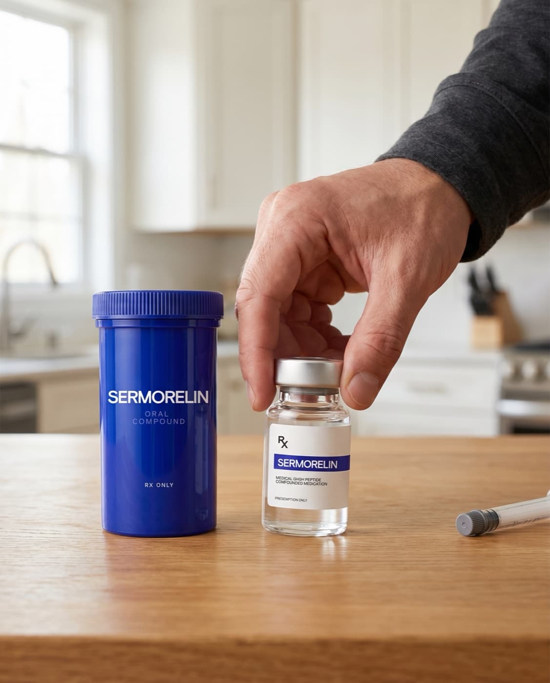 Hand picking up a Sermorelin vial next to the oral compound bottle on a kitchen counter