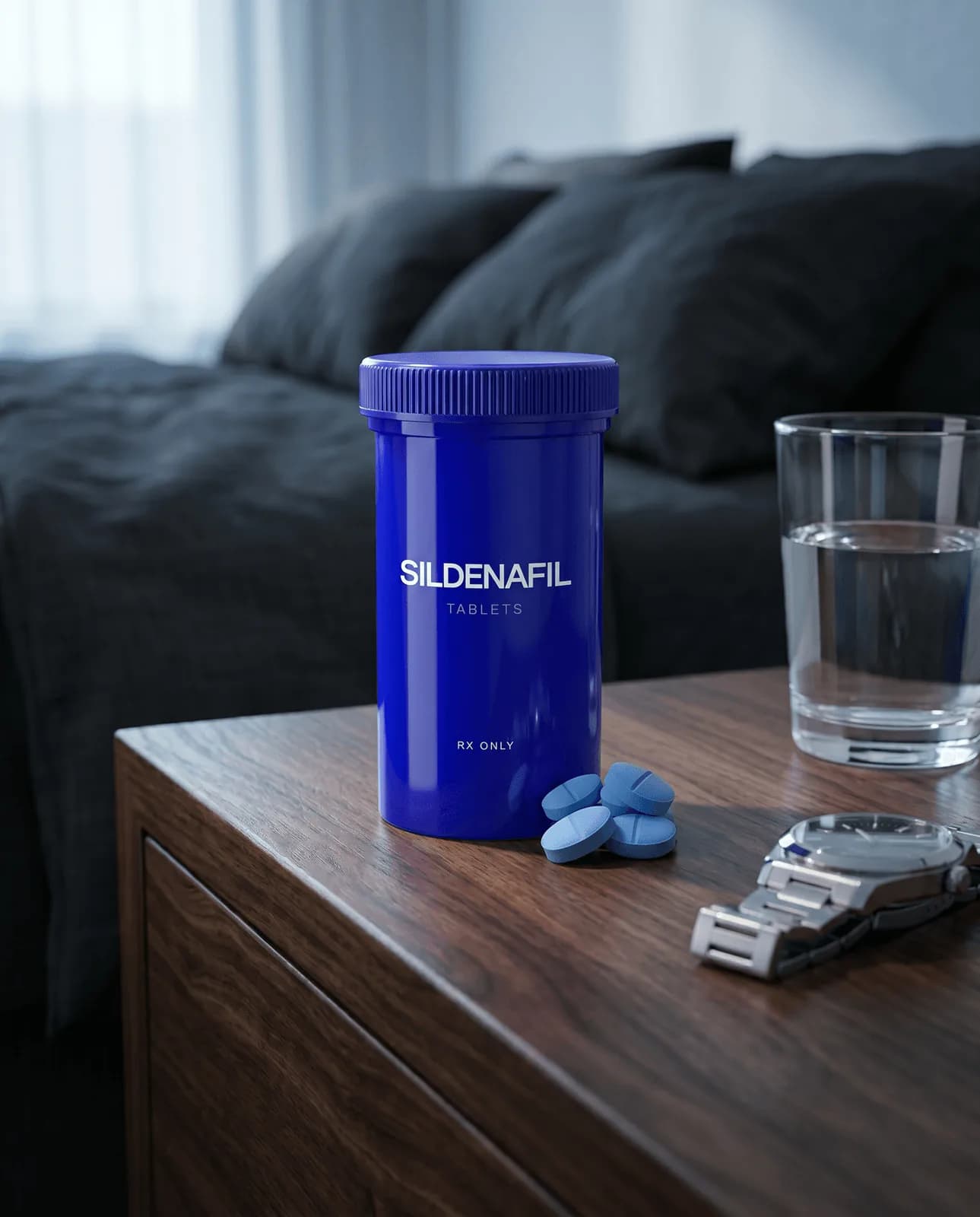 Sildenafil tablets bottle with blue pills on a wooden nightstand