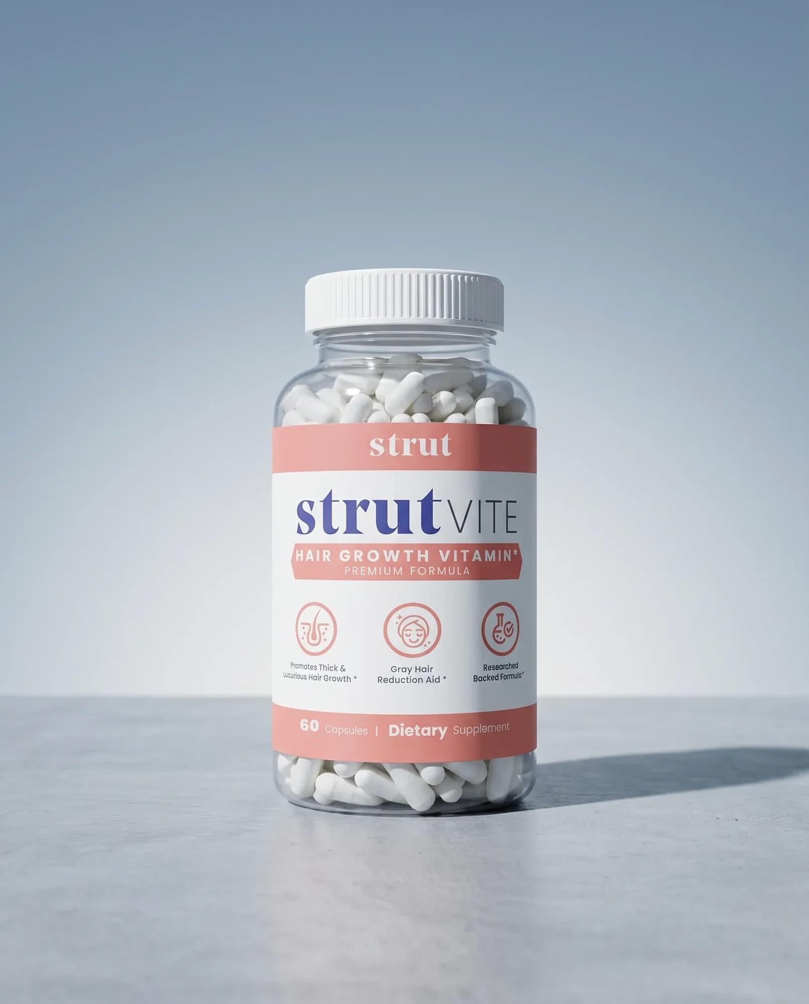Bottle of StrutVite hair, skin, and nail capsules
