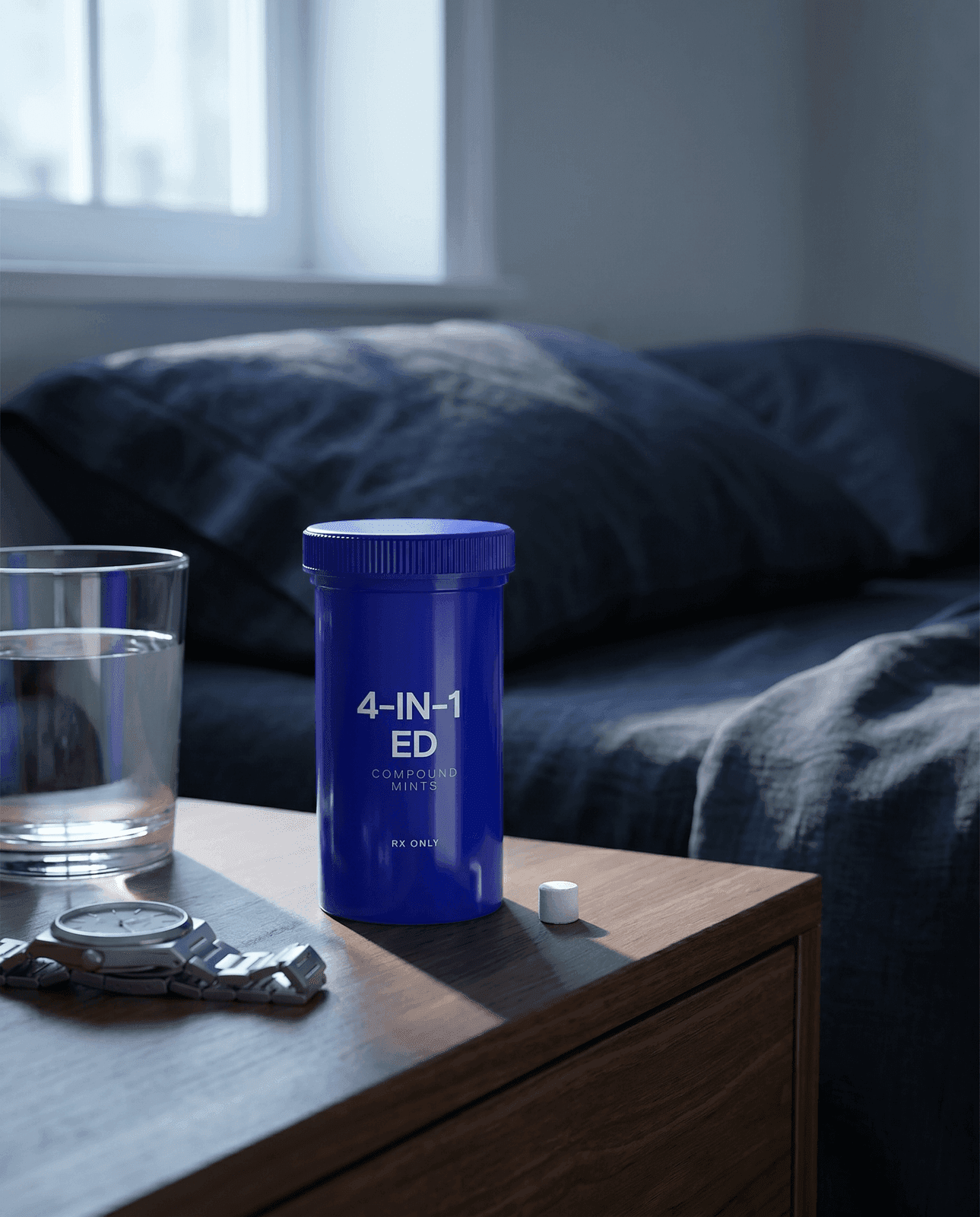 Super Strut 4-in-1 ED tablet jar on nightstand