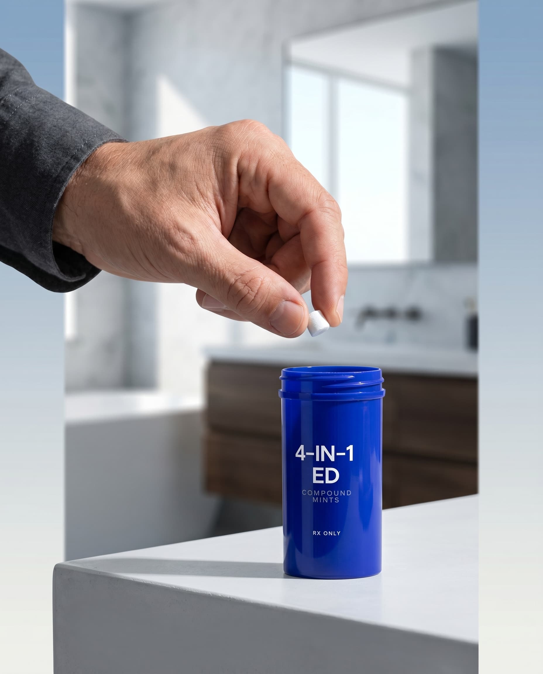 Hand dropping a Super Strut dissolvable tablet next to a 4-in-1 ED bottle on a bathroom counter