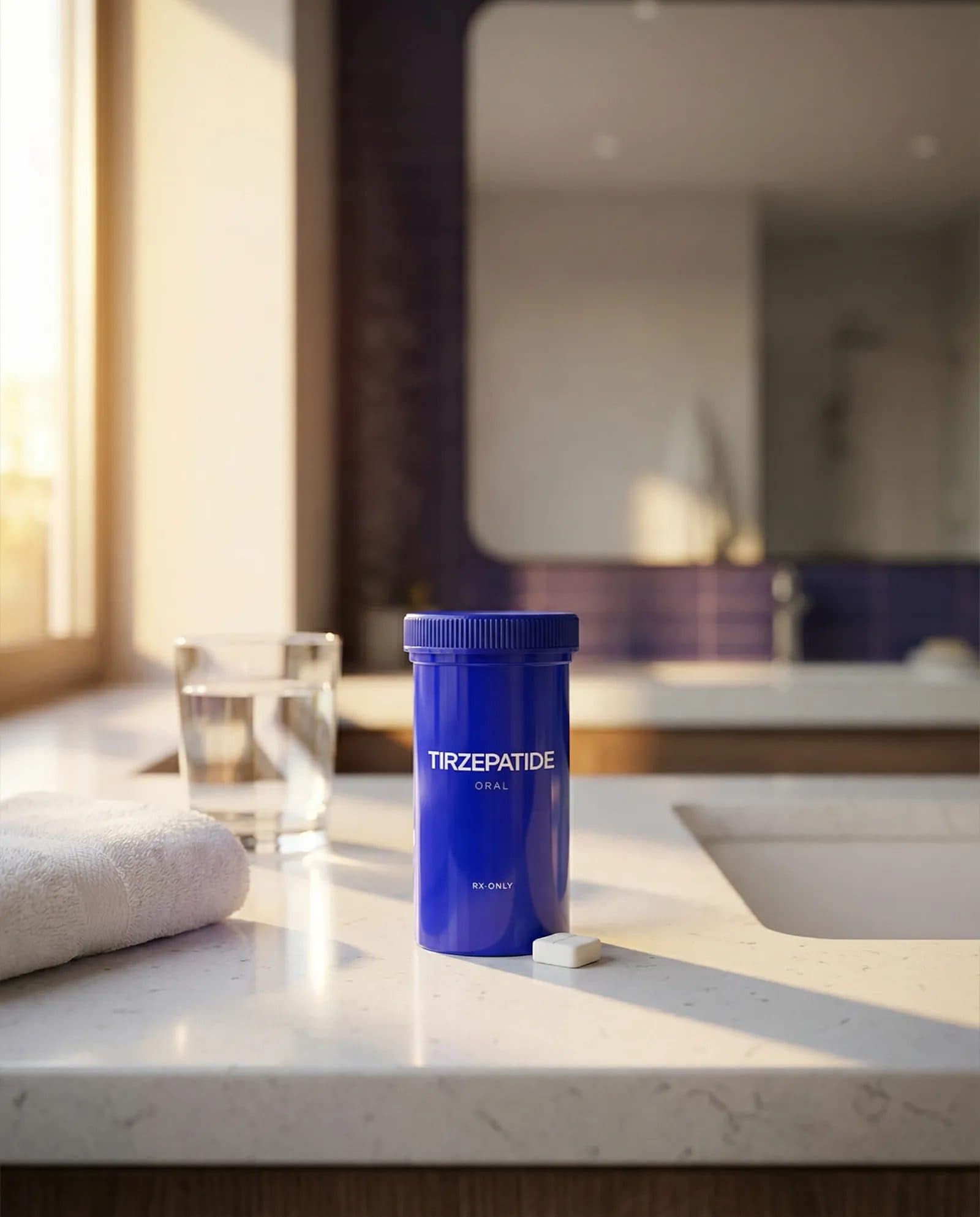 Compounded Tirzepatide bottle on a bathroom counter beside a glass of water
