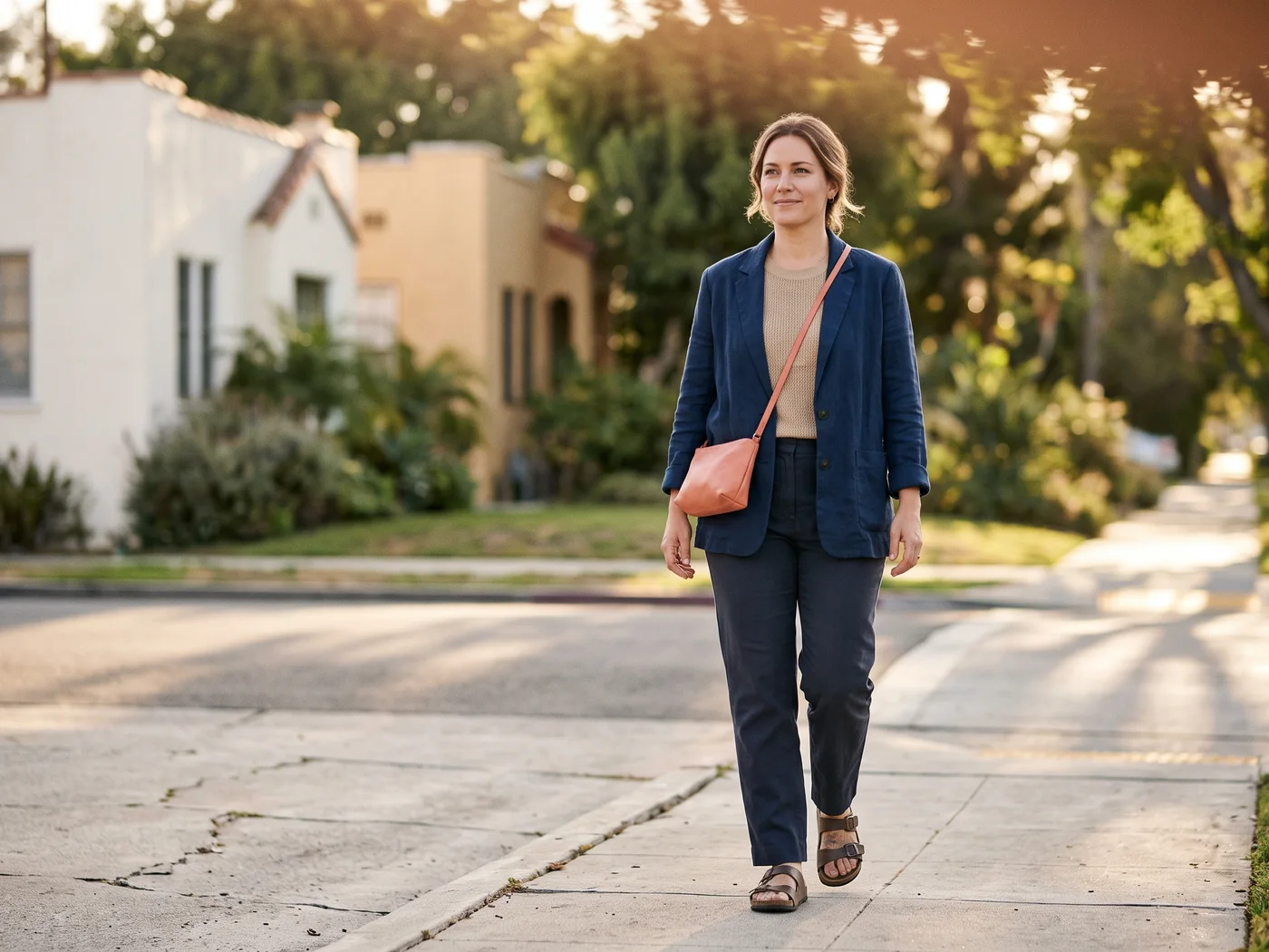 A person walking with calm confidence in warm daylight